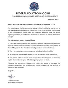 Read more about the article PRESS RELEASE ON ALLEGED ONGOING RECRUITMENT OF STAFF