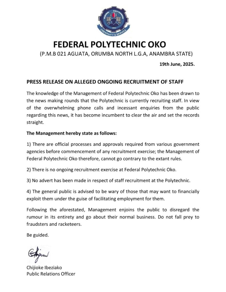 PRESS RELEASE ON ALLEGED ONGOING RECRUITMENT OF STAFF