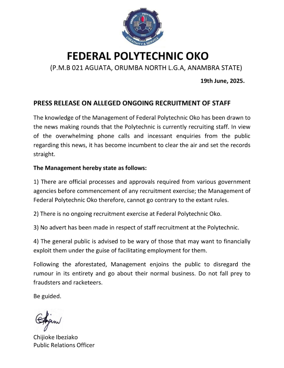 You are currently viewing PRESS RELEASE ON ALLEGED ONGOING RECRUITMENT OF STAFF