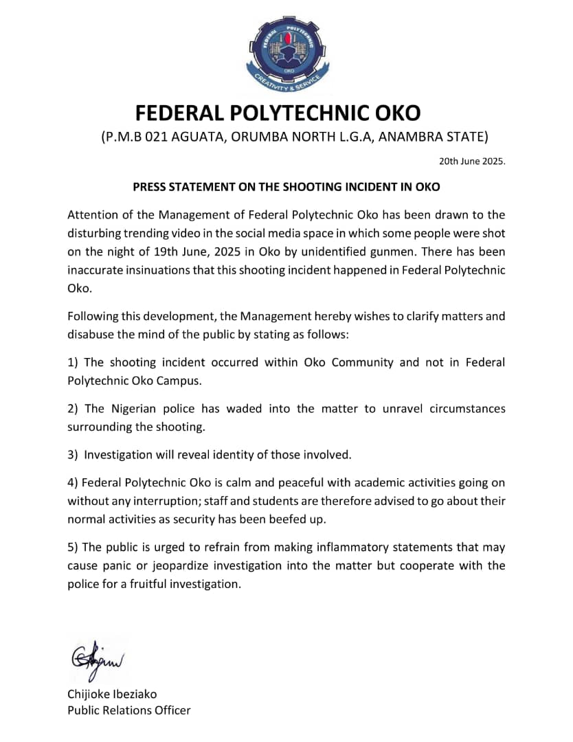 You are currently viewing PRESS STATEMENT ON THE SHOOTING INCIDENT IN OKO