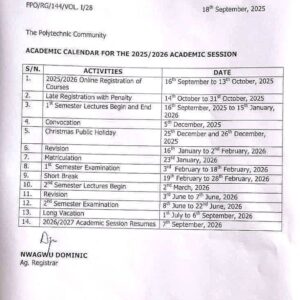 Read more about the article ACADEMIC CALENDER FOR THE 2025/2026 ACADEMIC SESSION