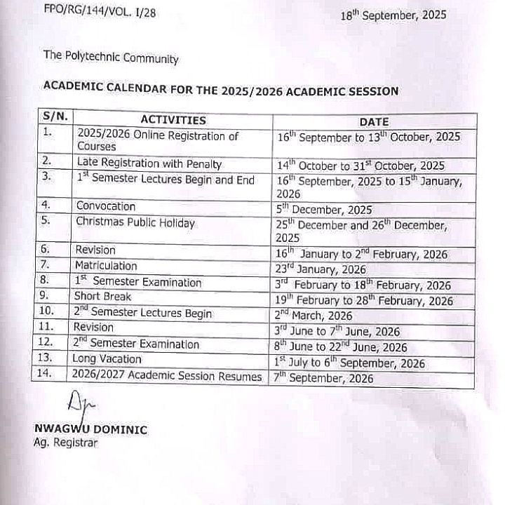 You are currently viewing ACADEMIC CALENDER FOR THE 2025/2026 ACADEMIC SESSION