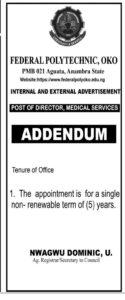 Read more about the article INTERNAL AND EXTERNAL ADVERTISEMENT – POST OF DIRECTOR, MEDICAL SERVICES (ADDENDUM)