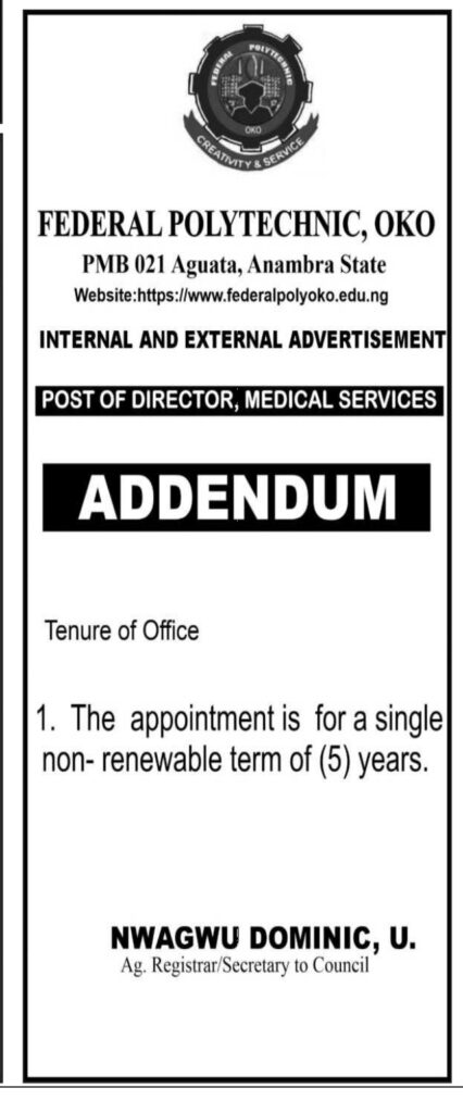 INTERNAL AND EXTERNAL ADVERTISEMENT – POST OF DIRECTOR, MEDICAL SERVICES (ADDENDUM)