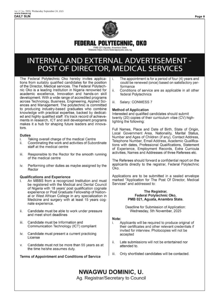 INTERNAL AND EXTERNAL ADVERTISEMENT – POST OF DIRECTOR, MEDICAL SERVICES
