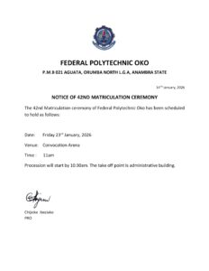 Read more about the article NOTICE OF 42ND MATRICULATION CEREMONY