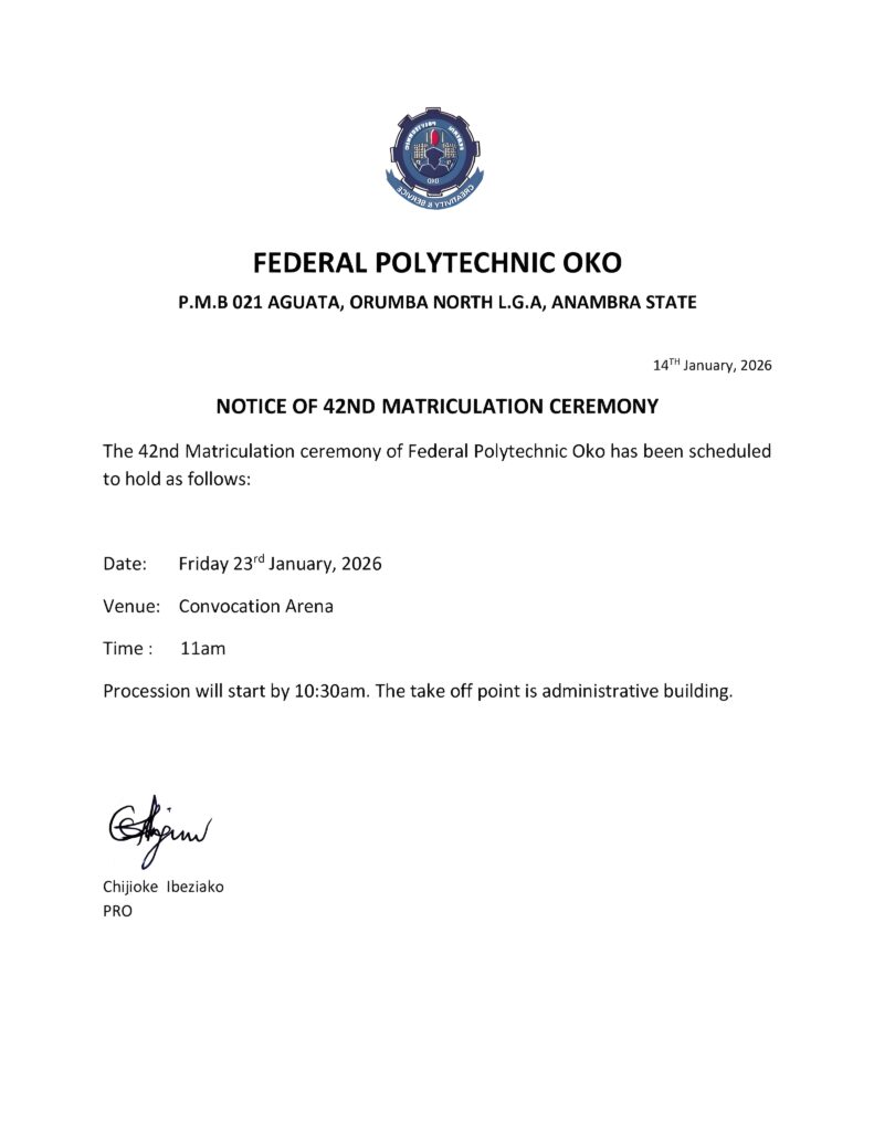 NOTICE OF 42ND MATRICULATION CEREMONY