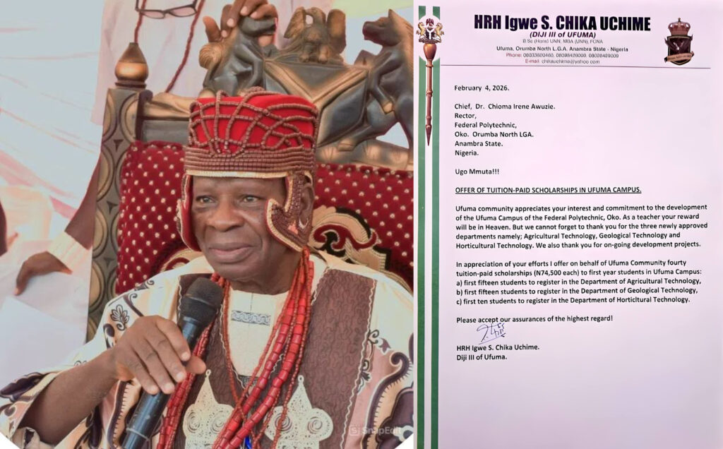 TRADITIONAL RULER OF UFUMA COMMUNITY COMMENDS FEDERAL POLYTECHNIC OKO RECTOR DR, CHIOMA AWUZIE FOR HER DEVELOPMENTAL STRIDES ; OFFERS TUITION-PAID SCHOLARSHIPS IN UFUMA CAMPUS OF THE INSTITUTION
