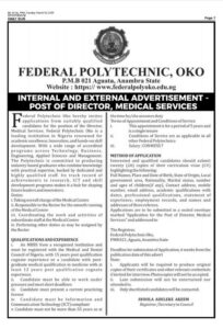Read more about the article INTERNAL AND EXTERNAL ADVERTISEMENT: POST OF DIRECTOR, MEDICAL SERVICES